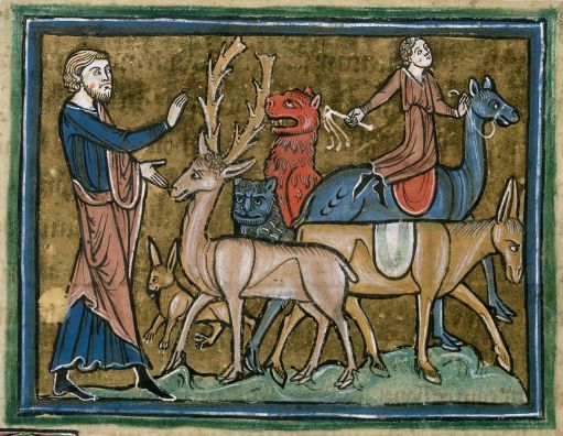 Royal 12 F. xiii, f. 34v. Detail of Adam naming the beasts according to their uses. Source: British Library catalogue (public domain).